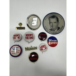 LOT OF 11 Vintage Richard Nixon Pinback Buttons Tie Clips etc LOOK Agnew Lodge